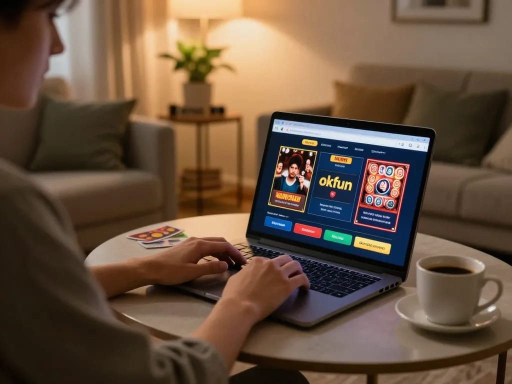Engaging gaming experience at okfun on a laptop in a cozy living room setting.