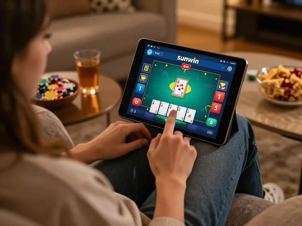 Engaged player using the sunwin app for an exciting poker game at home, showcasing comfortable atmosphere.