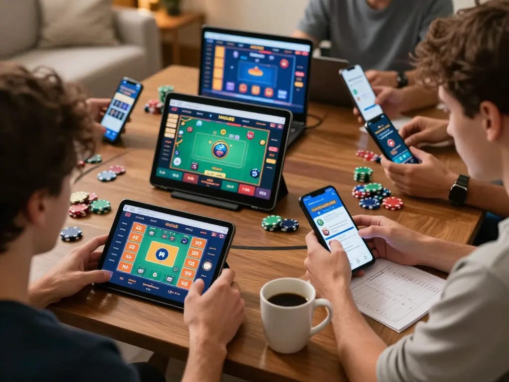 Hello88 mobile app showing poker gameplay with a focused player in a cozy home setting.