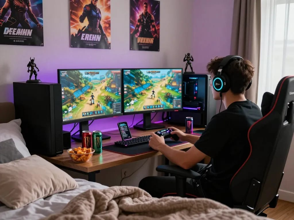 Immersive gamer enjoying porngames setup in modern bedroom with vibrant visuals