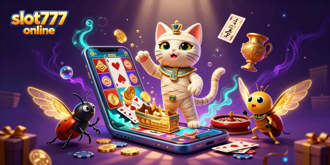 Experience winning thrills with slot777 online as Egyptian mummy cat and scarab beetle animate the casino
