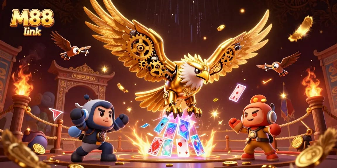 Place bets with M88 link in a thrilling 3D casino environment featuring a golden eagle.