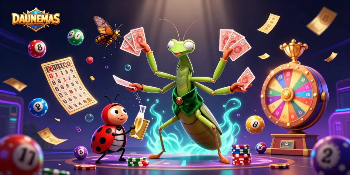 Engage in exciting games at DAUNEMAS with a vibrant scene featuring lottery balls and lively characters.