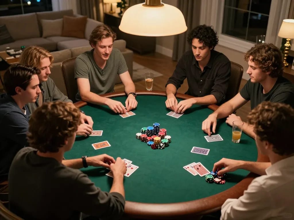 Friends enjoying a strategic poker game at home while playing bk8, with cards, chips, and drinks on the table