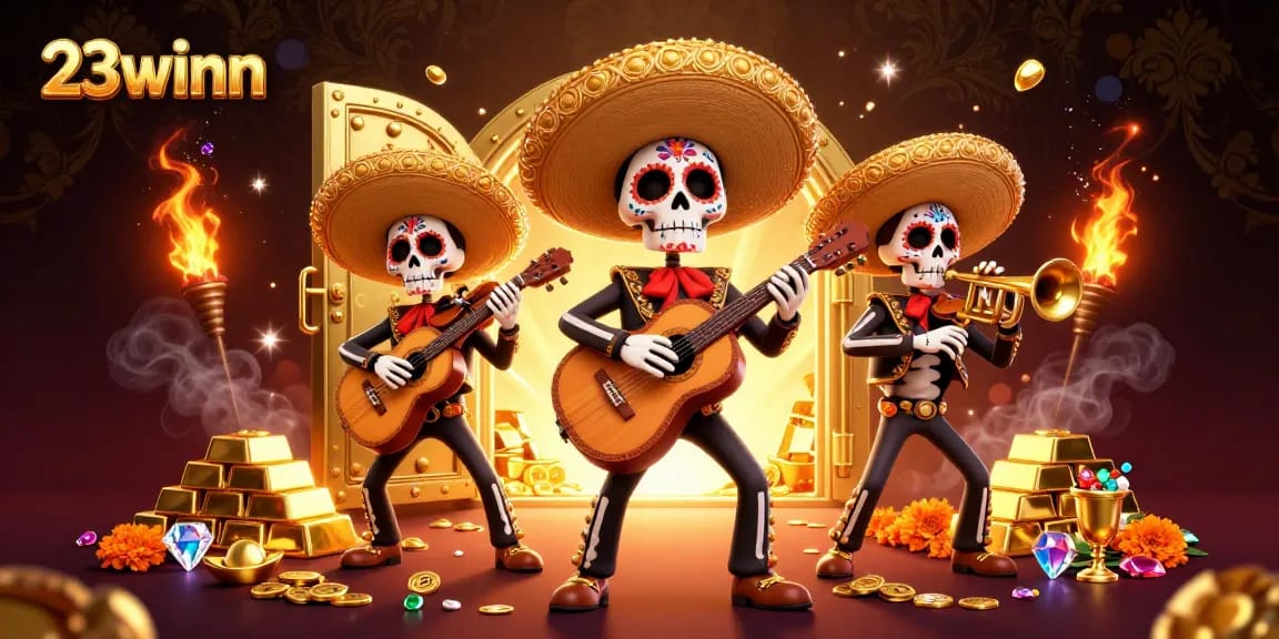 Bet on 23winn with vibrant mariachi celebration and treasure elements illuminating the casino.