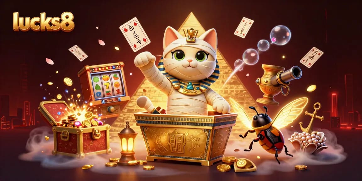Experience thrilling jackpots with lucks8 in a vibrant 3D casino scene featuring lucky symbols and mummy characters.