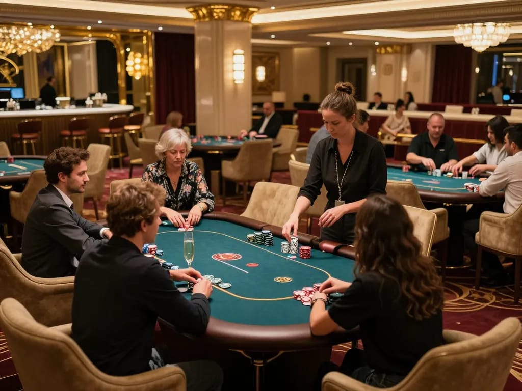 Players enjoying high-stakes poker at an upscale kkwin casino, showcasing luxury and excitement.