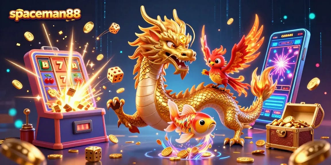 Experience the excitement of spaceman88 with vibrant slot games and colorful casino elements in this dynamic illustration.
