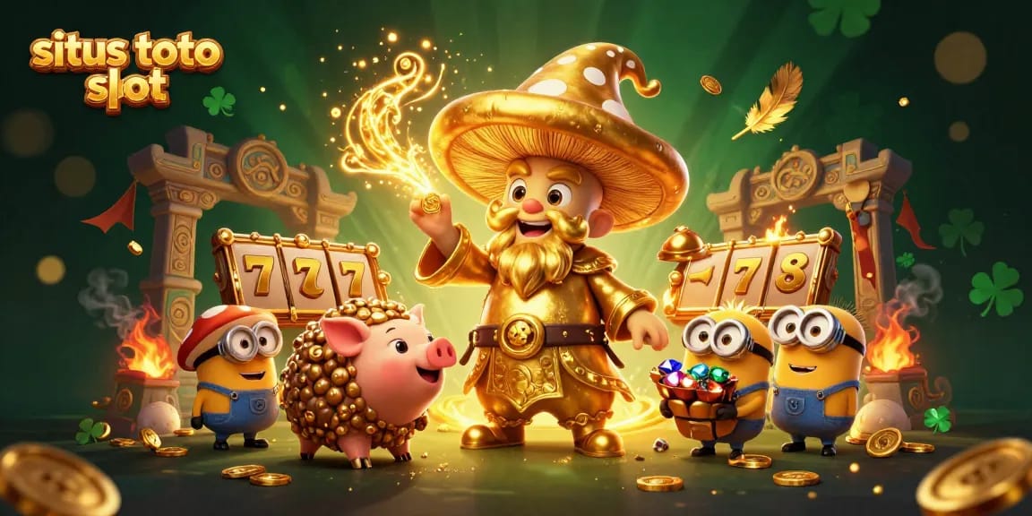 This captivating illustration showcases "situs toto slot" with a golden wizard, treasure pig, and dynamic gambling elements.