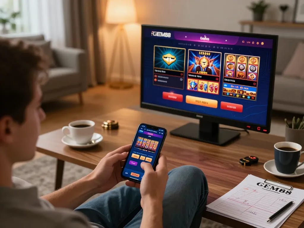 GEM88 user engaging with the casino app on smartphone while managing bankroll in a cozy living room