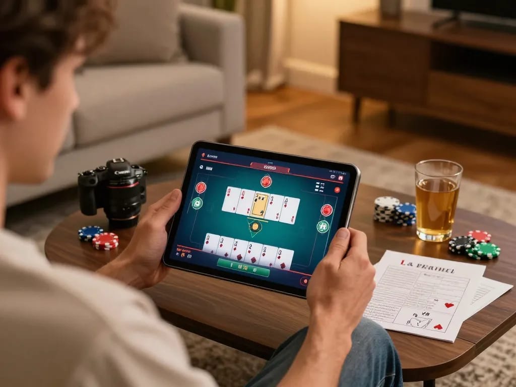 Player enjoying online gambling on Hello88 poker game in cozy living room setting