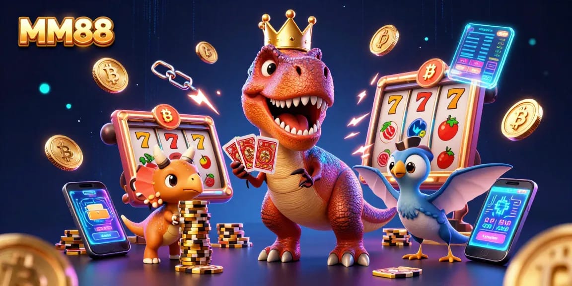 Experience thrilling MM88 casino fun with a T-Rex shuffling cards and a Pterodactyl in a vibrant casino setting.
