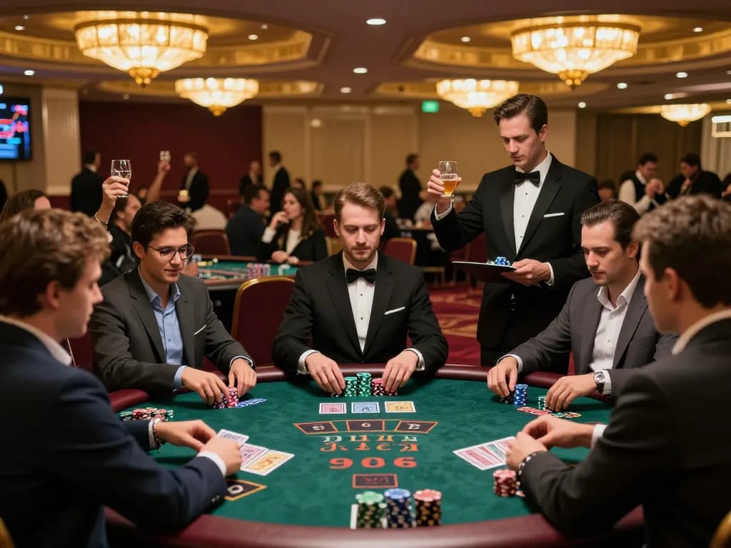 Players engage in strategic blackjack gameplay at SC88's high-stakes casino tables, showcasing vibrant atmosphere and excitement.