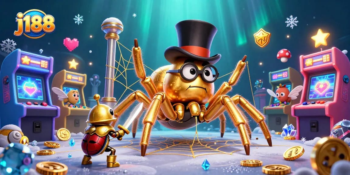 Experience the excitement of j188 with a vibrant gaming scene featuring a golden tarantula and adventurous beetle.