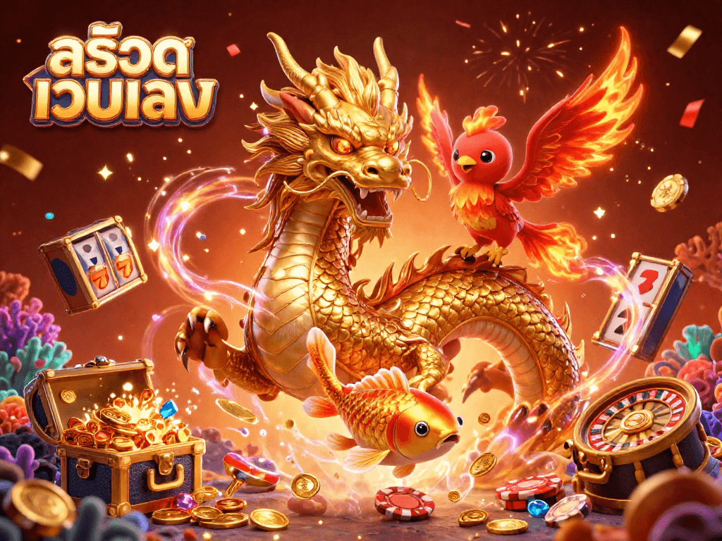 Experience exciting สล็อตเว็บตรง gaming with a vibrant 3D illustration of dragon, phoenix, and koi fish surrounded by casino elements.
