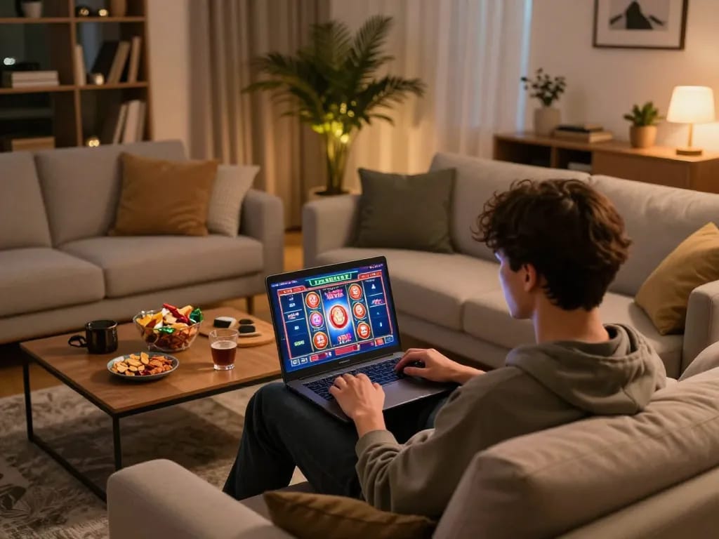 Engaging in Canada online casinos via laptop in cozy home setting during evening gaming session.
