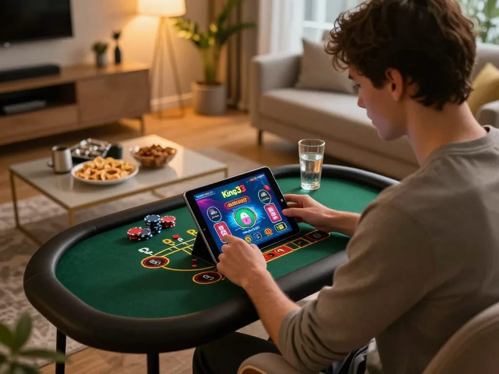Engaged player enjoying King33 online casino games at home in a cozy living room setting.