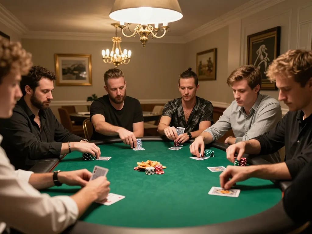 Sunwin poker night scene with friends strategizing and playing cards in an elegant home setting.