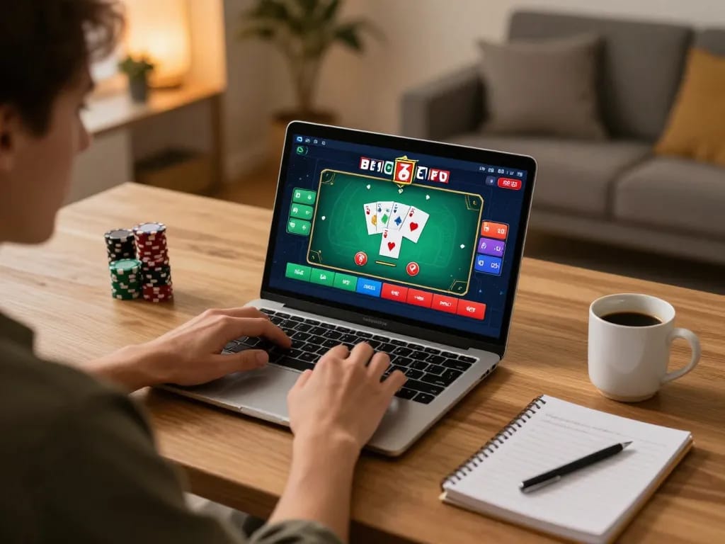 Player strategizing their next move on 789F poker game while enjoying a cozy home setup.
