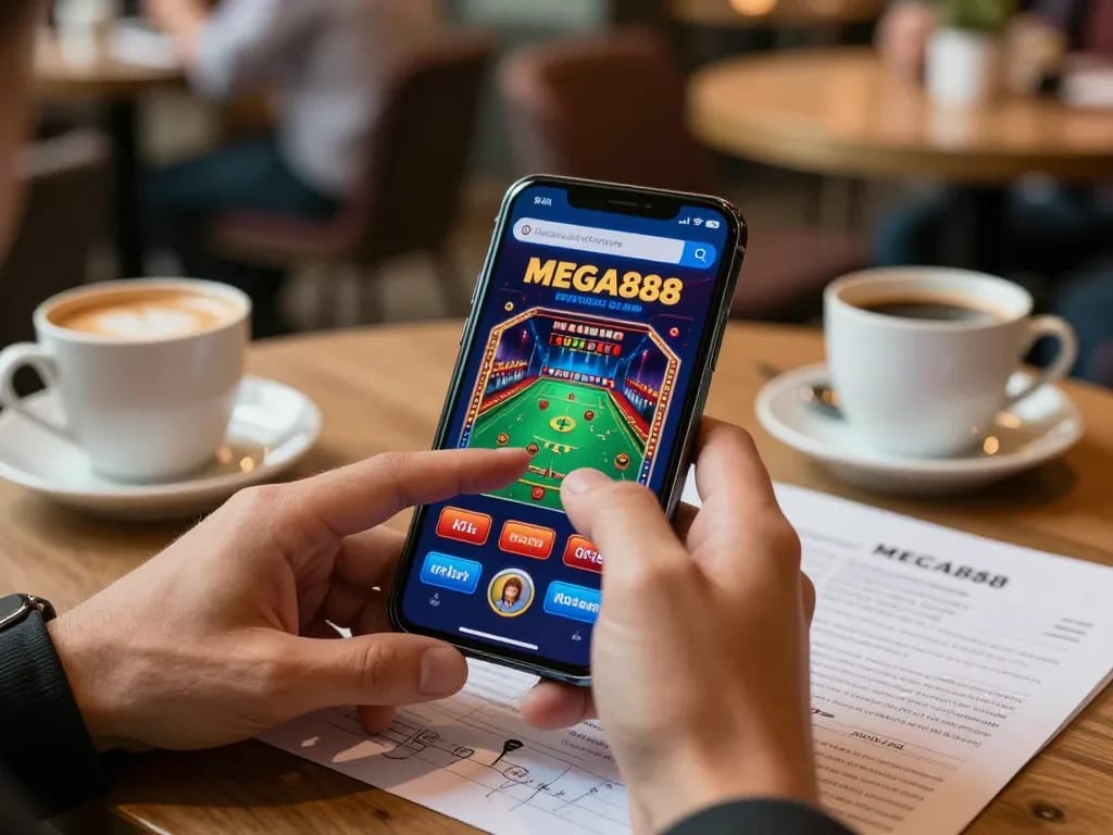 Engaging with the MEGA888 app on smartphone, highlighting dynamic gameplay in a cozy cafe setting.