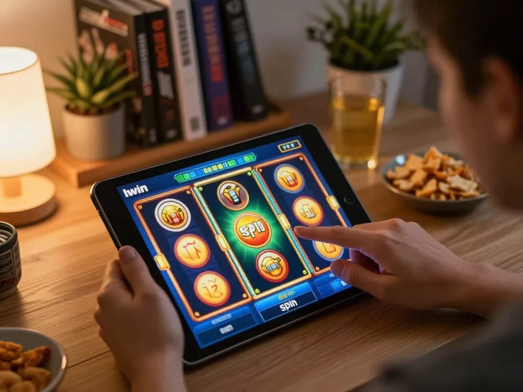 Iwin platform showcased on tablet as player prepares to spin a vibrant online slot game.