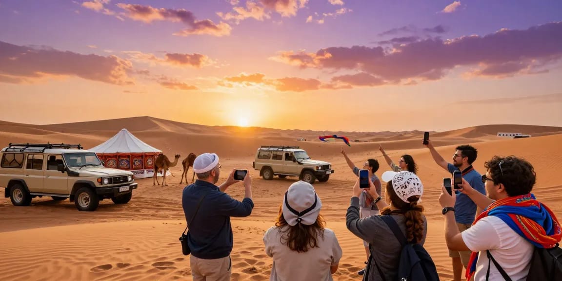 Exploring slot gacor themes in a vibrant desert adventure with tourists during sunset