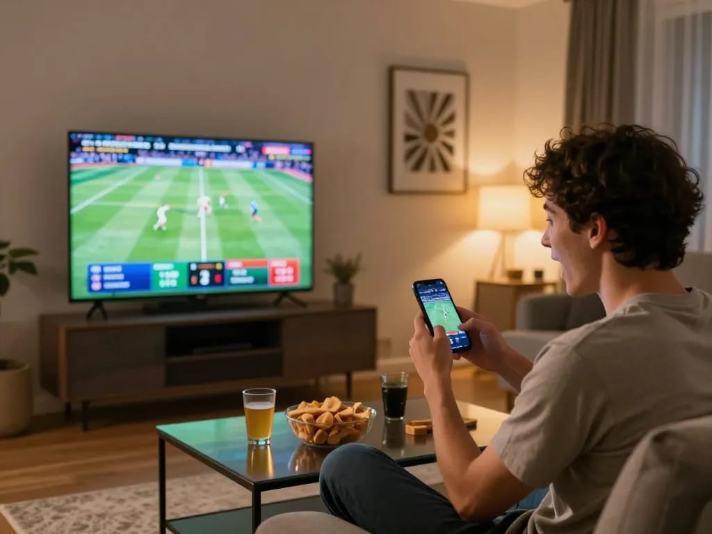 Betting on a live sports event using OK FUN app with real-time odds in a cozy home setting.