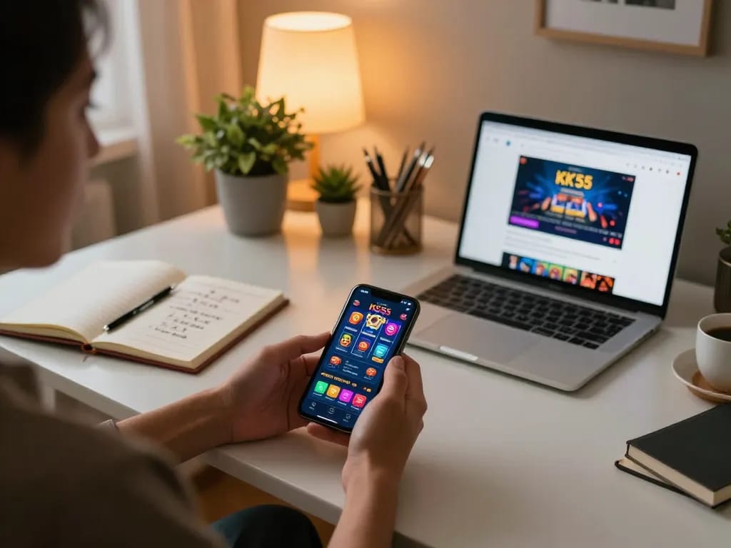 Engaging in online gaming with KK55 app on smartphone, surrounded by a cozy home office.