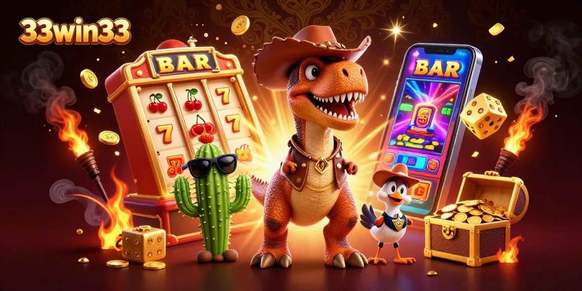 Experience the excitement at 33win33 as cartoon characters celebrate a jackpot explosion amidst vibrant casino elements.