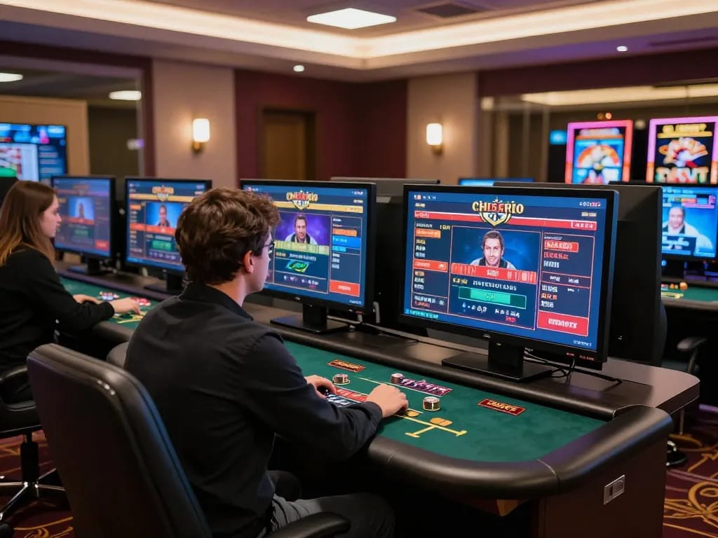 Engaged player on 88xx making strategic decisions in a sophisticated online casino gaming room