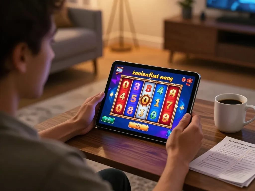 Engaging in situs slot gacor gameplay on a tablet in a cozy home setting