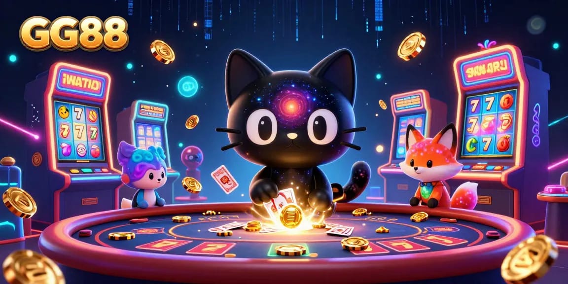 Engage with GG88's dynamic casino experience featuring a black hole cat and colorful elements.