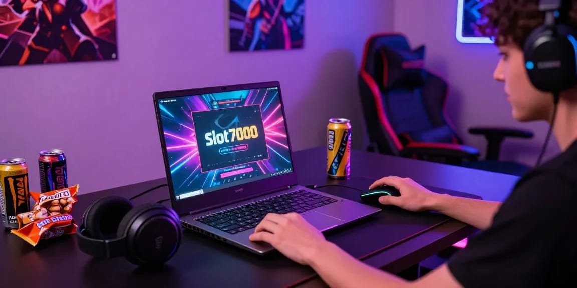 Vibrant gaming setup demonstrating Slot7000 interface with RGB lighting and immersive atmosphere