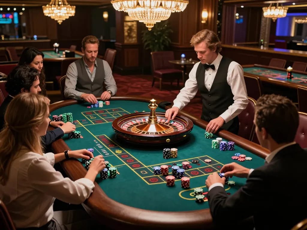 Sun win excitement at a roulette table with players engaged in high-stakes betting action