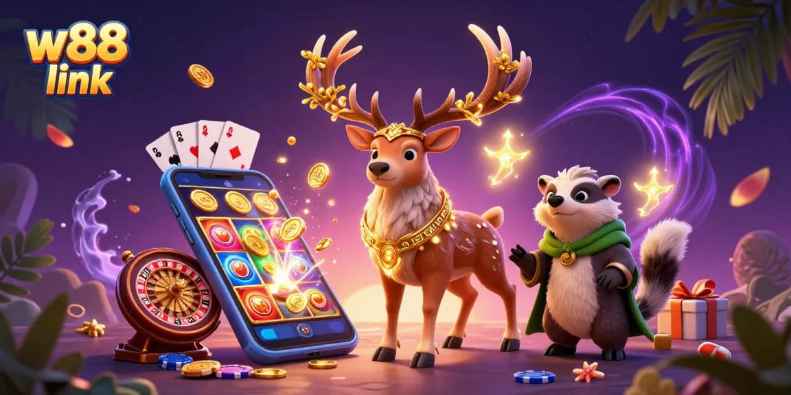 Engage with the exciting w88 link in this vibrant 3D illustration, showcasing an adventurous scene packed with casino elements.