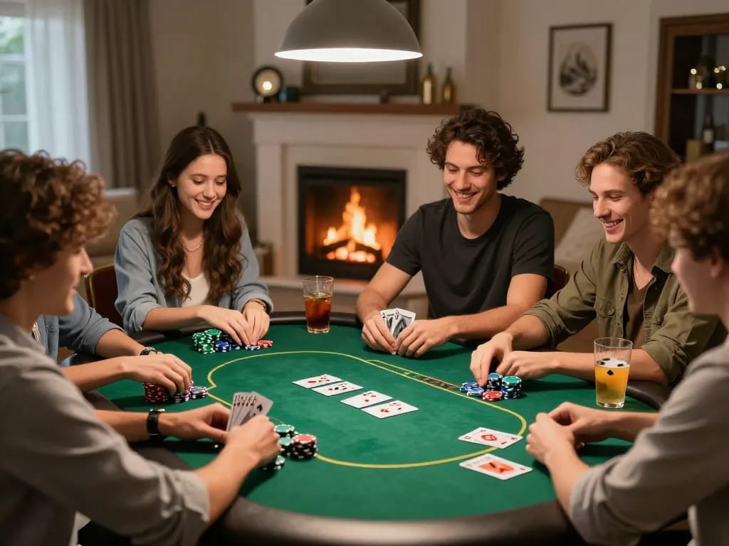Teman-teman menikmati malam poker yang menyenangkan di rumah dengan DEWI123, merencanakan strategi di atas chips dan kartu.