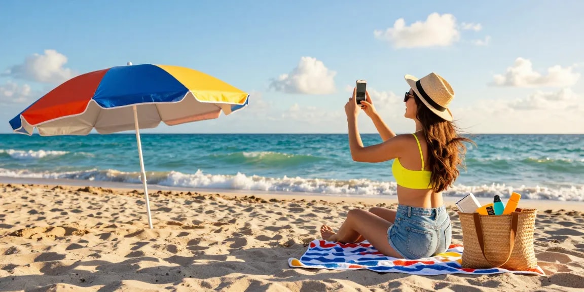 Pelancong menikmati pantai indah di Miami, menangkap momen ceria dengan smartphone sambil bersantai di bawah payung berwarna-warni.