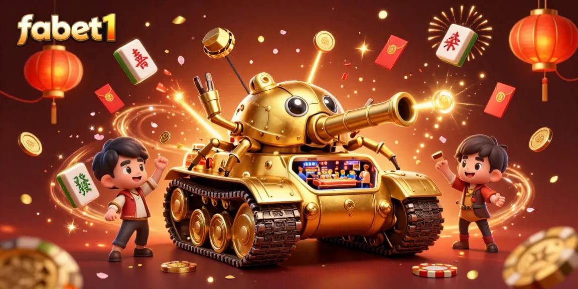 Engage in fabet1 with a vibrant casino scene featuring a golden beetle tank amidst festive decorations.