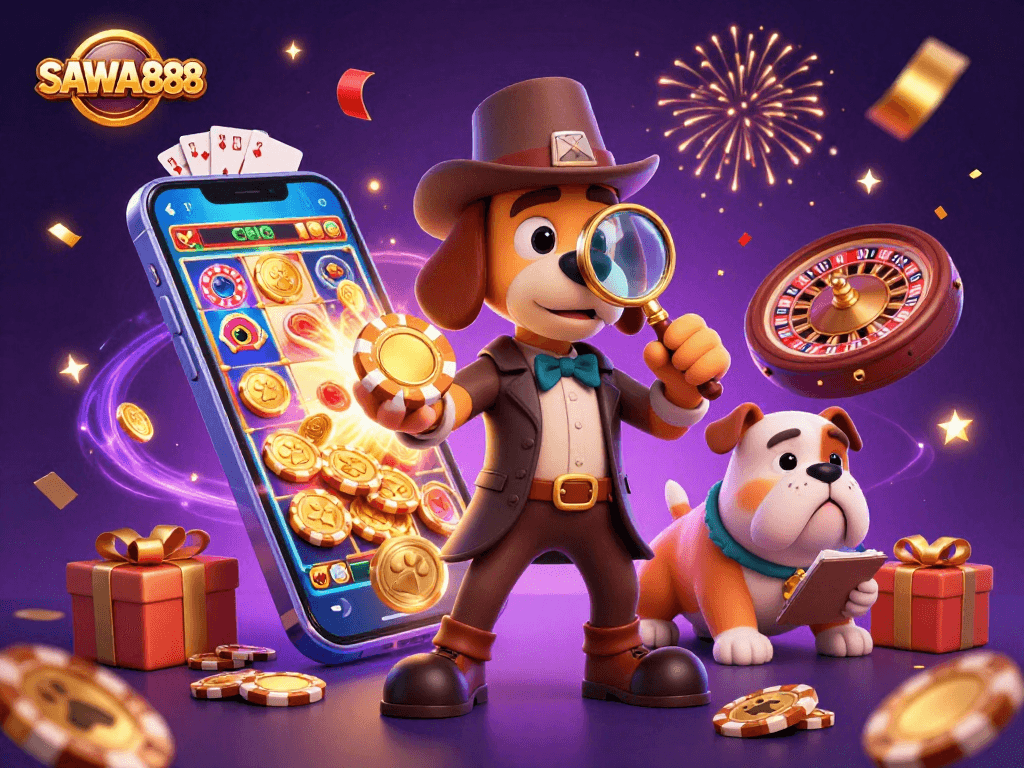 SAWA888 features a lively scene with a cartoon detective and a bulldog exploring poker chips in a colorful casino.