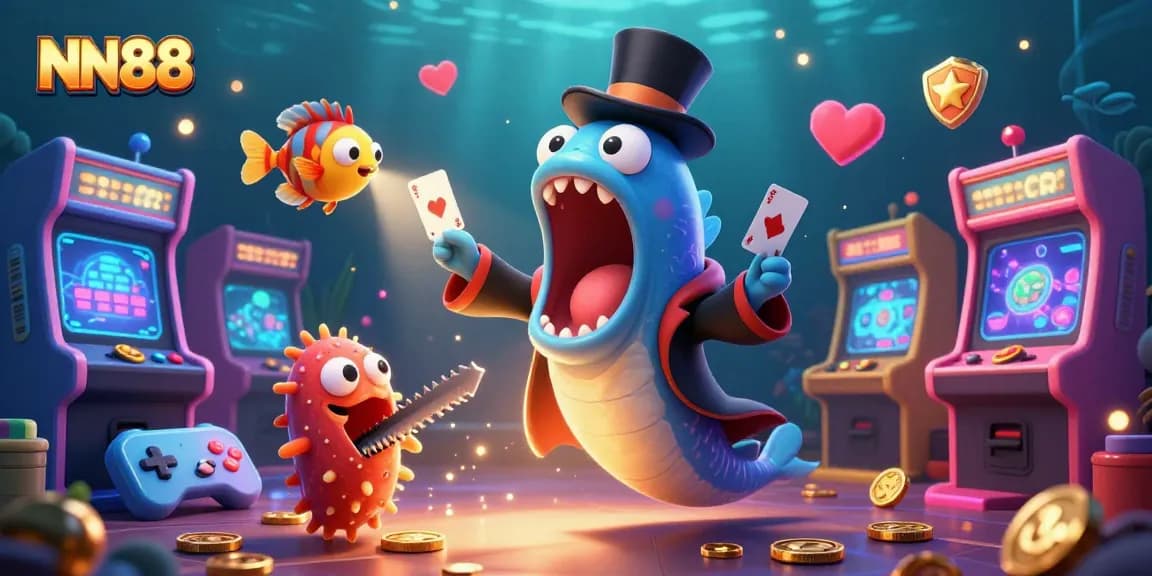 Experience the magic at NN88 with a vibrant underwater casino scene featuring engaging characters.