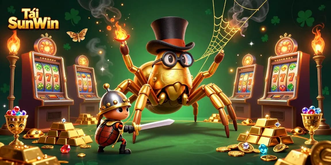 Tải SunWin showcases a thrilling scene with a golden tarantula and knight amidst vibrant slot machines and treasure.