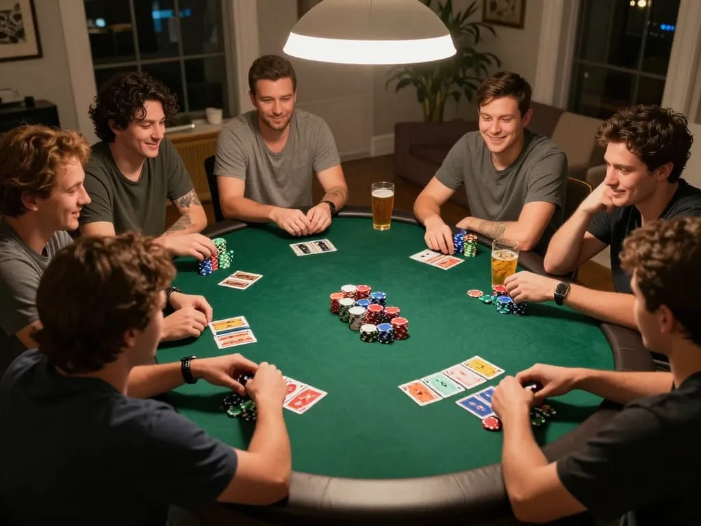 Friends enjoying a thrilling poker night at home, engaging in strategic gameplay at tr88 table.
