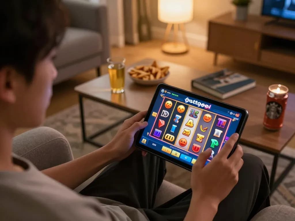 Player enjoying gtatogel online slot gameplay on a tablet in a cozy home environment