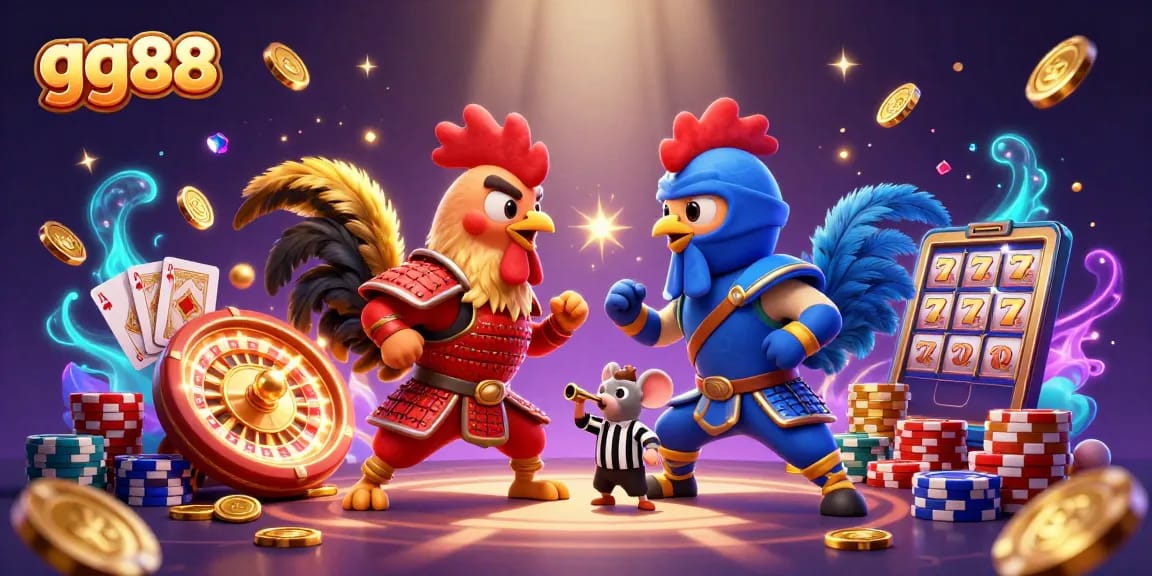 Engage in thrilling gameplay at gg88 with animated roosters and casino elements showcasing vibrant action.