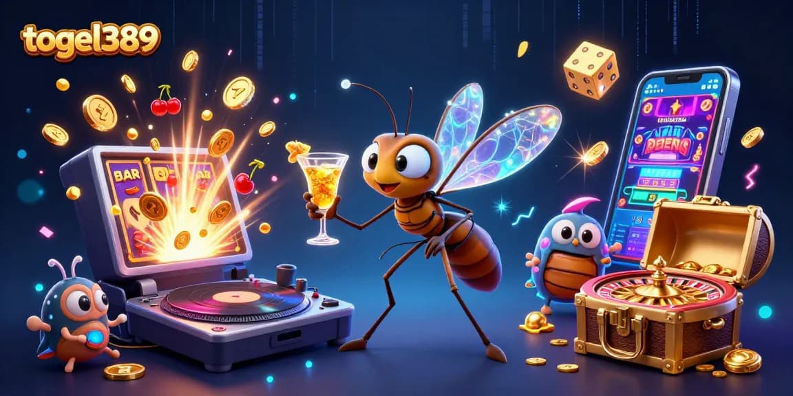 Experience excitement with togel389 featuring a casino mascot mosquito and dynamic gambling elements.