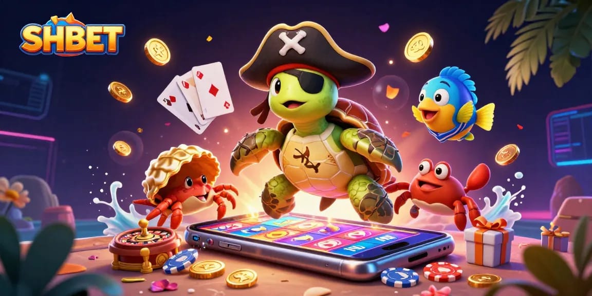 Engage in thrilling slot adventures with SH BET's vibrant illustration featuring a treasure-hunting turtle.