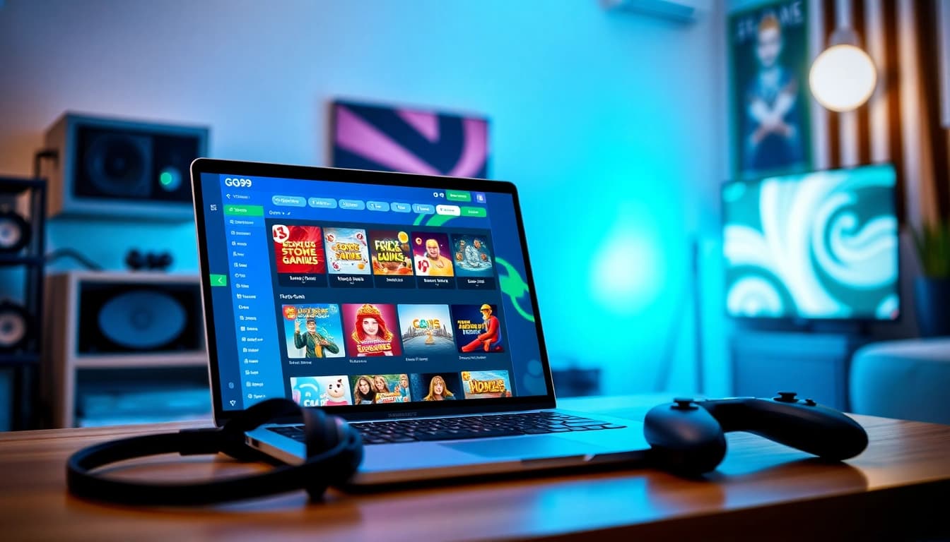 Experience the GO999 platform with vibrant graphics on a sleek laptop in a cozy gaming room.