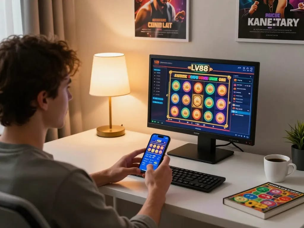 Player enjoying dynamic slot games on LV88 app in a cozy home setup