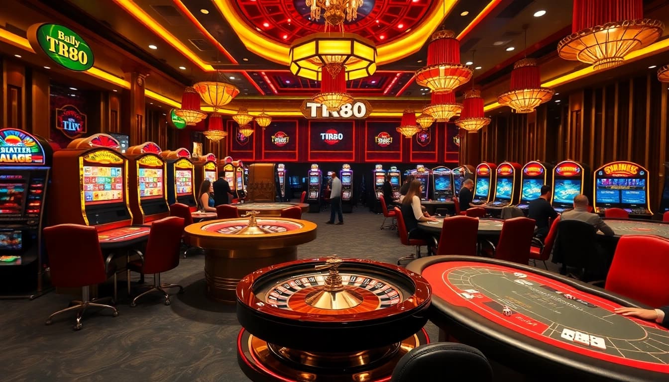 Gamblers enjoying a thrilling experience at TR88's vibrant casino floor with bright slot machines.