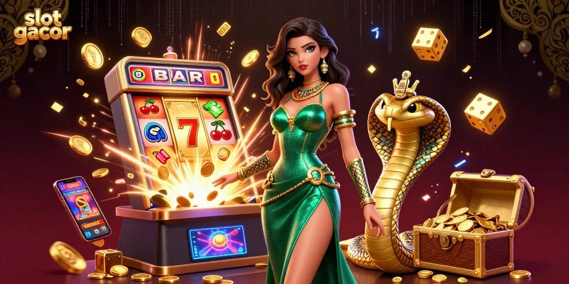 Engage in slot gacor excitement with a captivating scene featuring a golden cobra and jackpot elements.